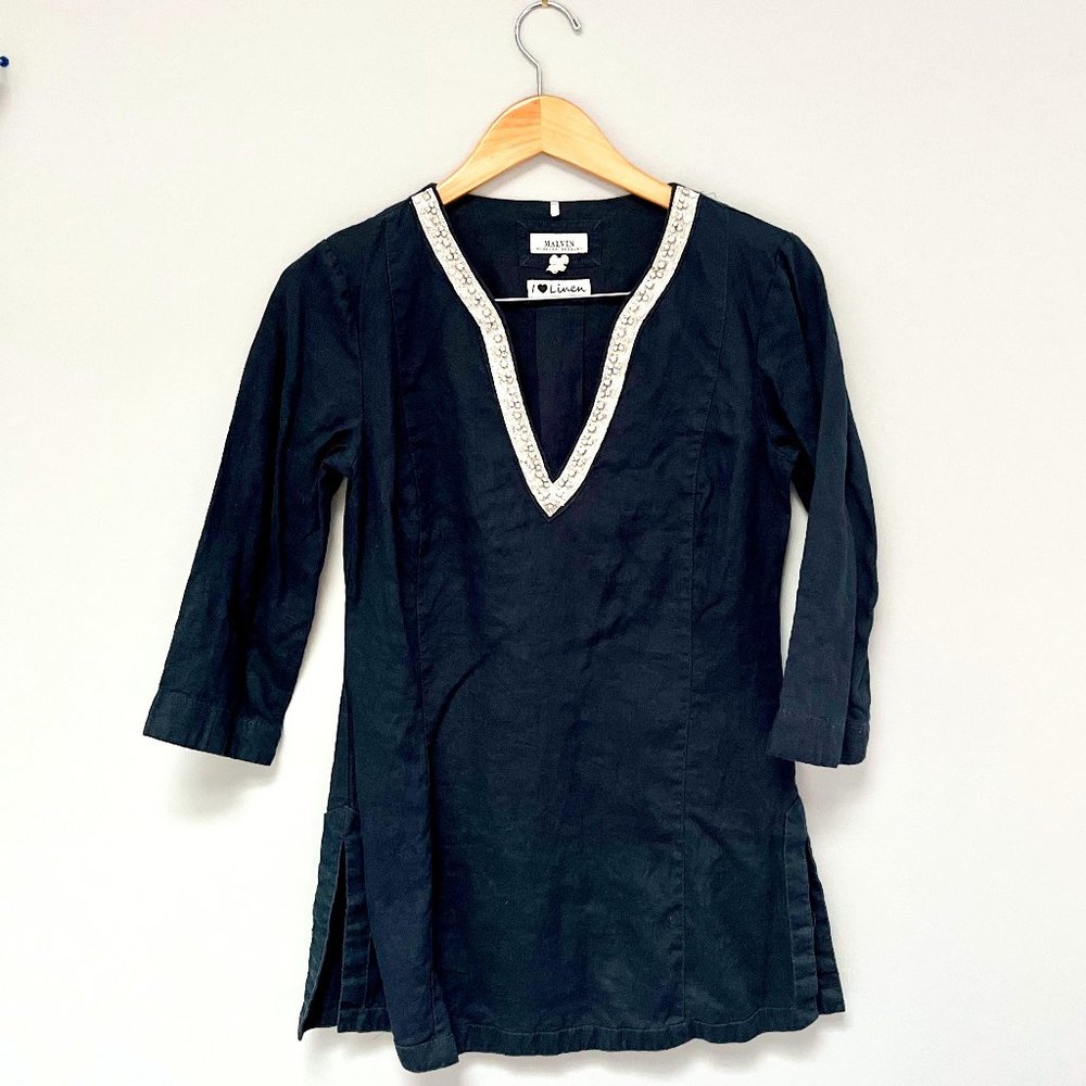 Malvin Linen Tunic Navy Beaded Embellished V-Neck Size Small
